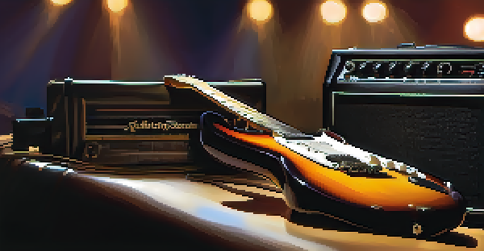 A close-up of an electric guitar leaning against an amplifier, with warm lighting and a blurred band in the background.