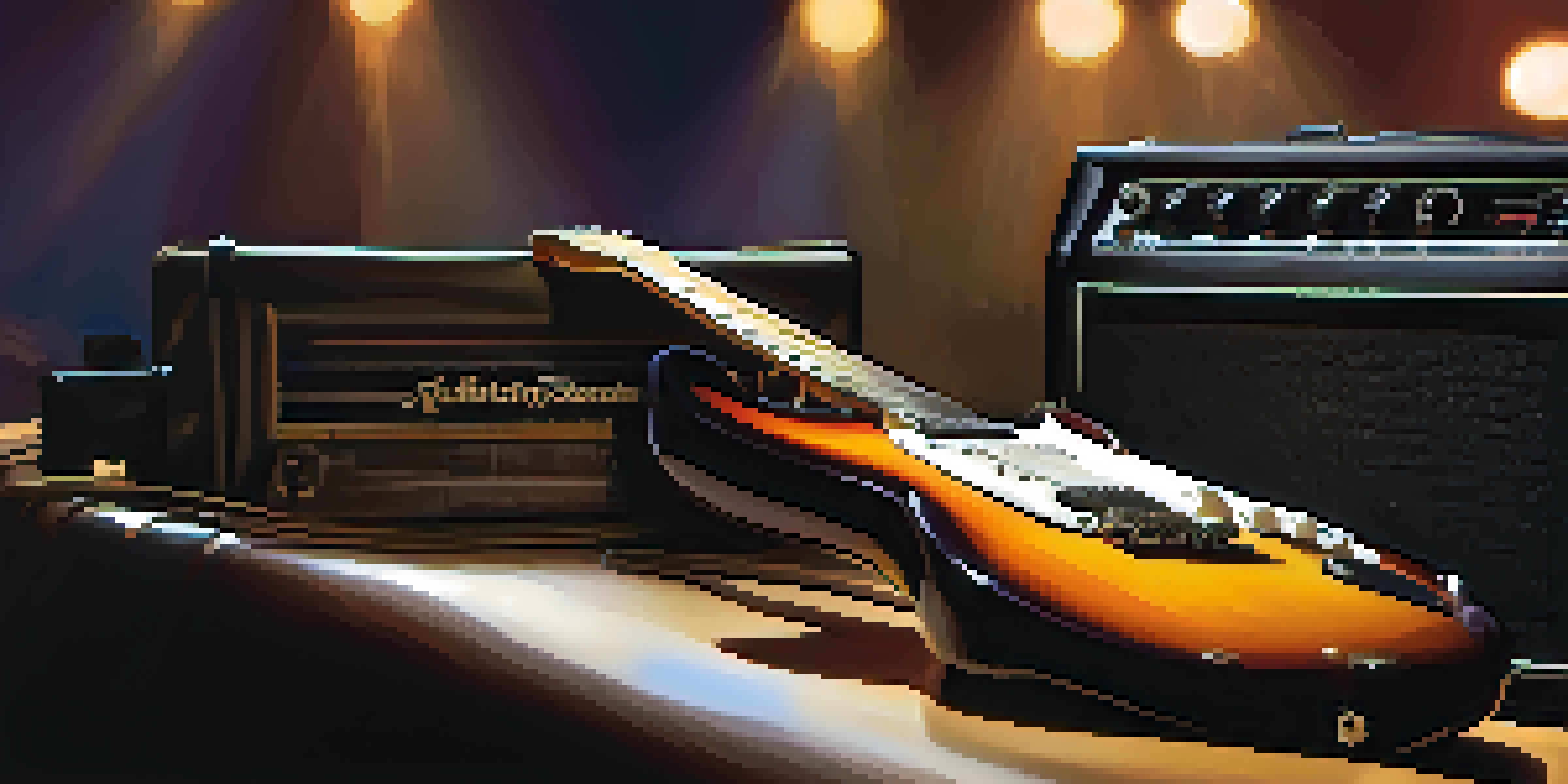A close-up of an electric guitar leaning against an amplifier, with warm lighting and a blurred band in the background.