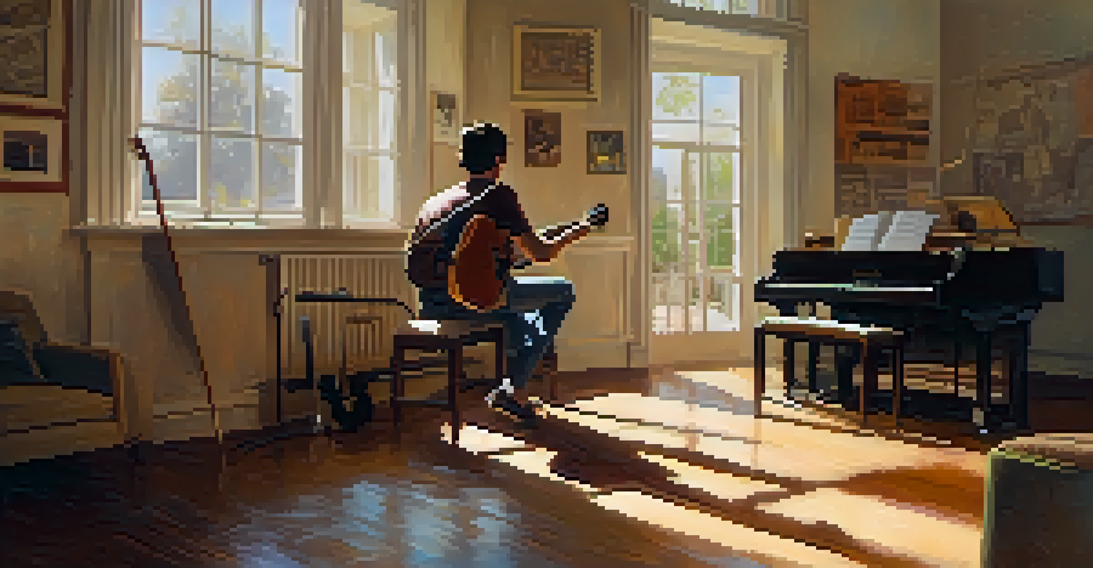 A guitarist practicing alone in a warm room, displaying a mix of concentration and anxiety, with musical notes on the walls.