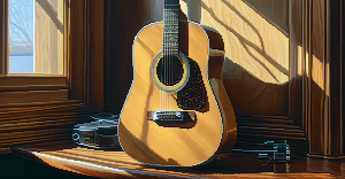 A close-up of an acoustic guitar and various setup tools on a table with sunlight highlighting the wood grain.