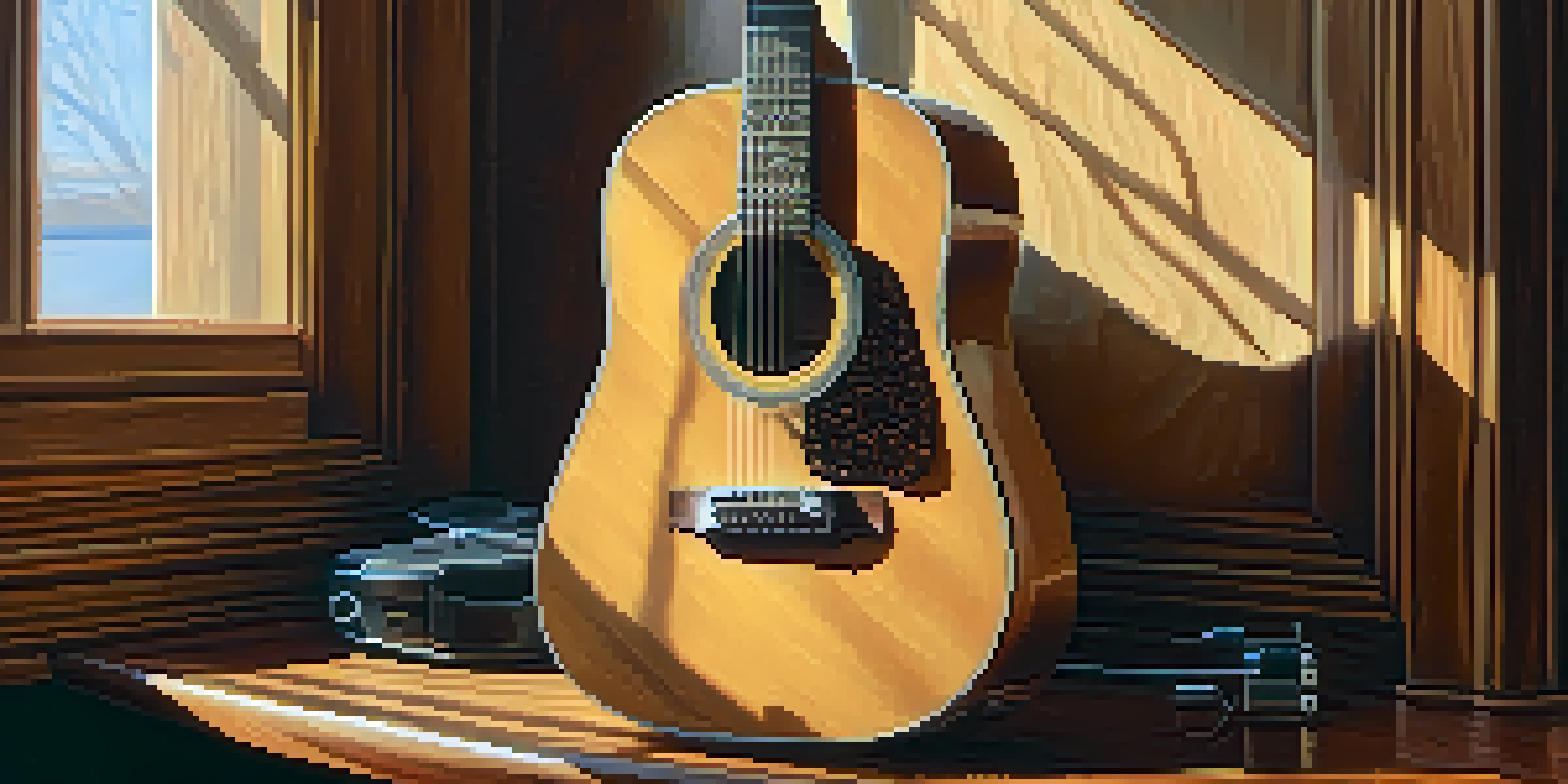 A close-up of an acoustic guitar and various setup tools on a table with sunlight highlighting the wood grain.