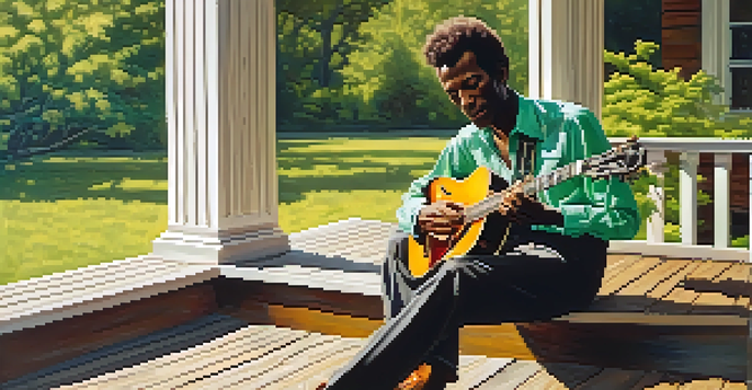 A young African American boy sitting on a wooden porch, playing a guitar, surrounded by greenery.