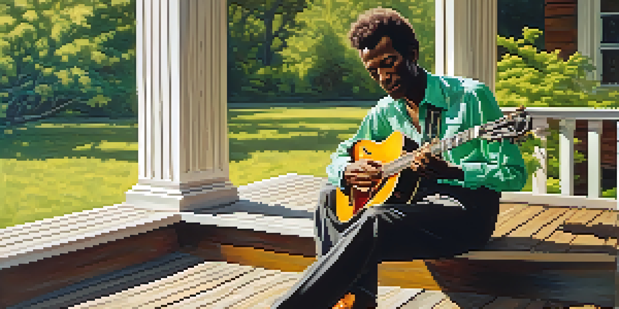 A young African American boy sitting on a wooden porch, playing a guitar, surrounded by greenery.