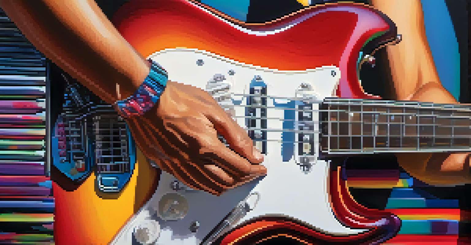 A close-up of an artist's hand strumming an electric guitar with colorful LED lights in the background.
