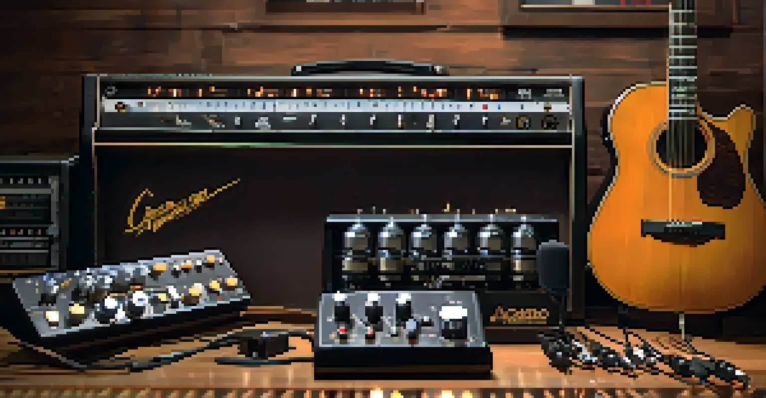 Various digital tuners on a wooden table, including clip-on and pedal tuners, with a blurred music studio background.