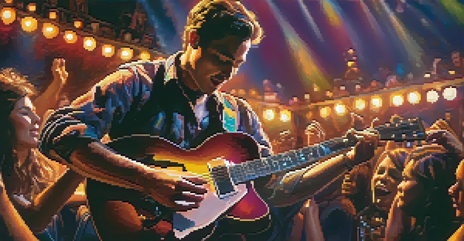 A guitarist performing flatpicking on stage with colorful lights and an excited audience.