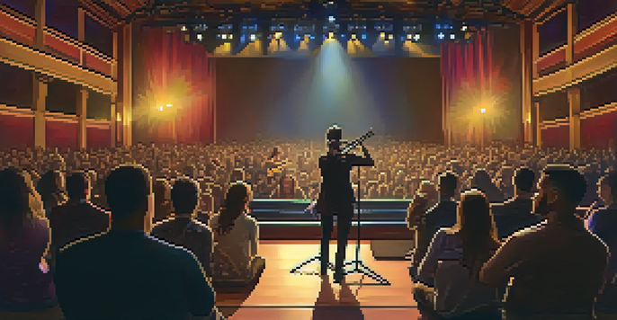 A musician playing guitar on a dimly lit stage with candlelight, surrounded by an emotionally engaged audience.