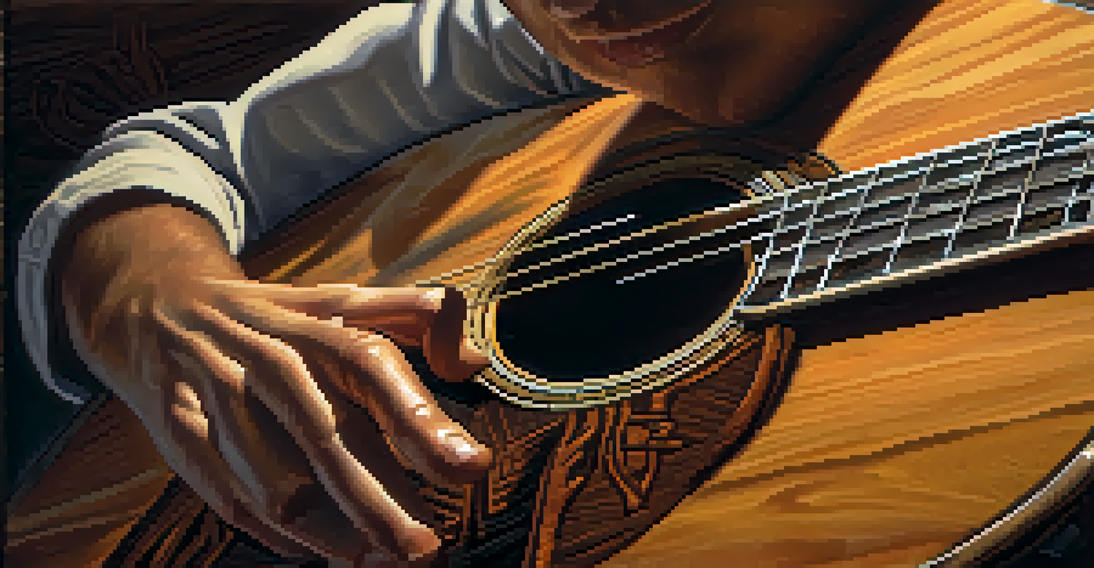 A close-up of a guitarist's fingers fingerpicking on a vintage acoustic guitar, showcasing the detail of the instrument.