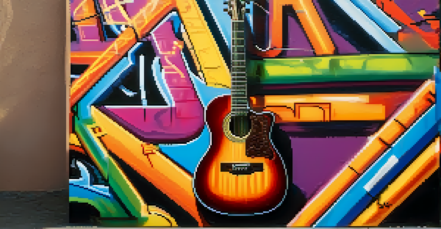A close-up of a guitar against a colorful graffiti wall with social justice messages, highlighting the connection between music and activism.