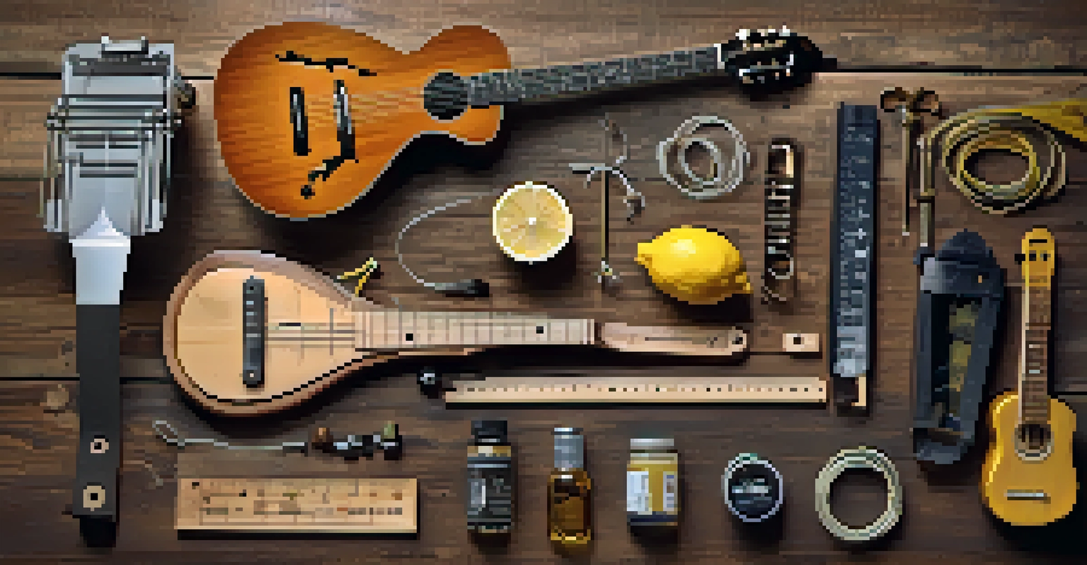 A flat lay of guitar maintenance tools on a wooden surface, including a tuner, string winder, and lemon oil.