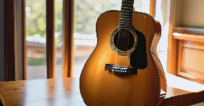 A polished acoustic guitar on a wooden table with natural light highlighting its wood grain and maintenance items nearby.