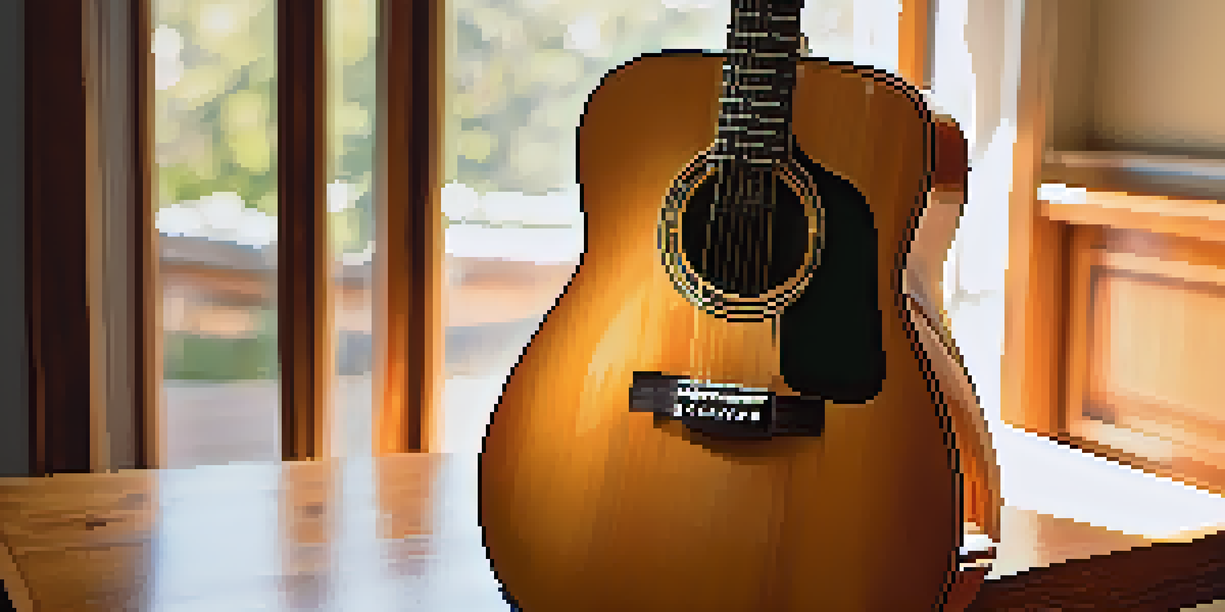 A polished acoustic guitar on a wooden table with natural light highlighting its wood grain and maintenance items nearby.