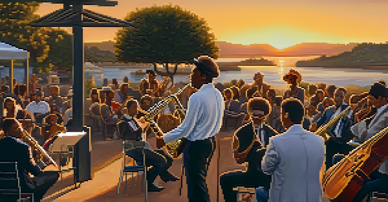 A guitarist performing with a jazz band outdoors at sunset, with a warm golden hue illuminating the scene.