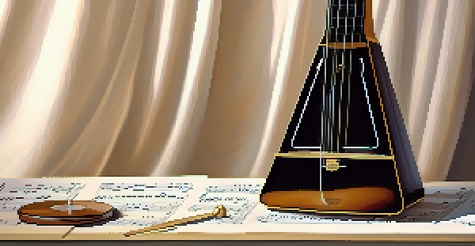 A metronome in focus with a guitar and sheet music in the background, symbolizing music practice and timing.