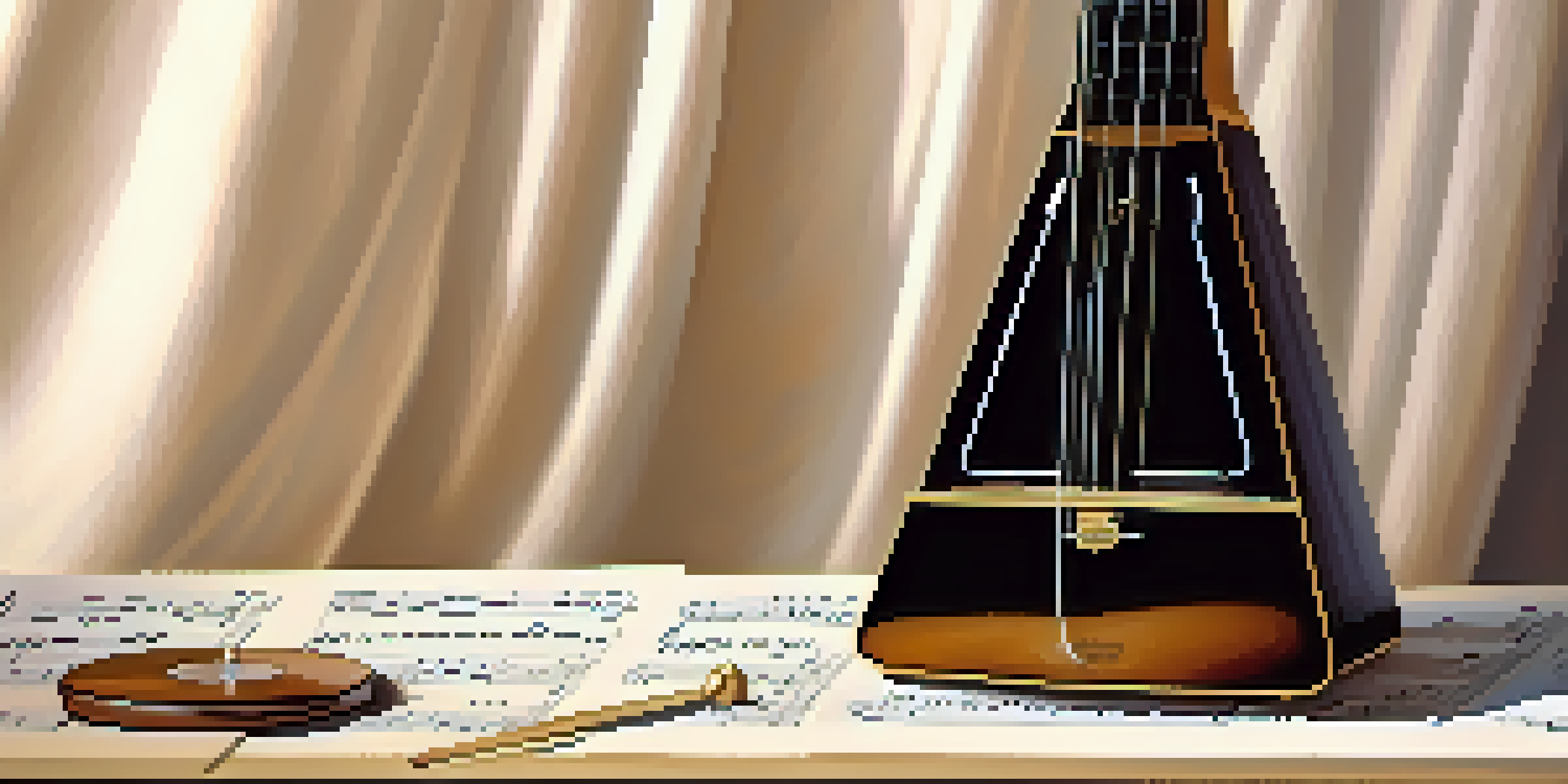 A metronome in focus with a guitar and sheet music in the background, symbolizing music practice and timing.
