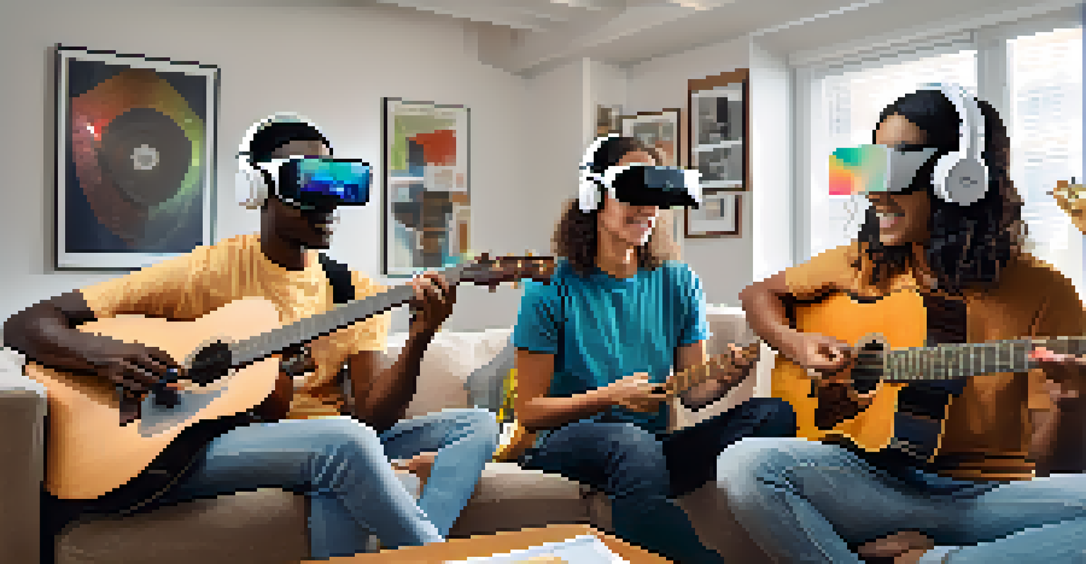 A diverse group of young adults using augmented reality headsets for a virtual guitar lesson.