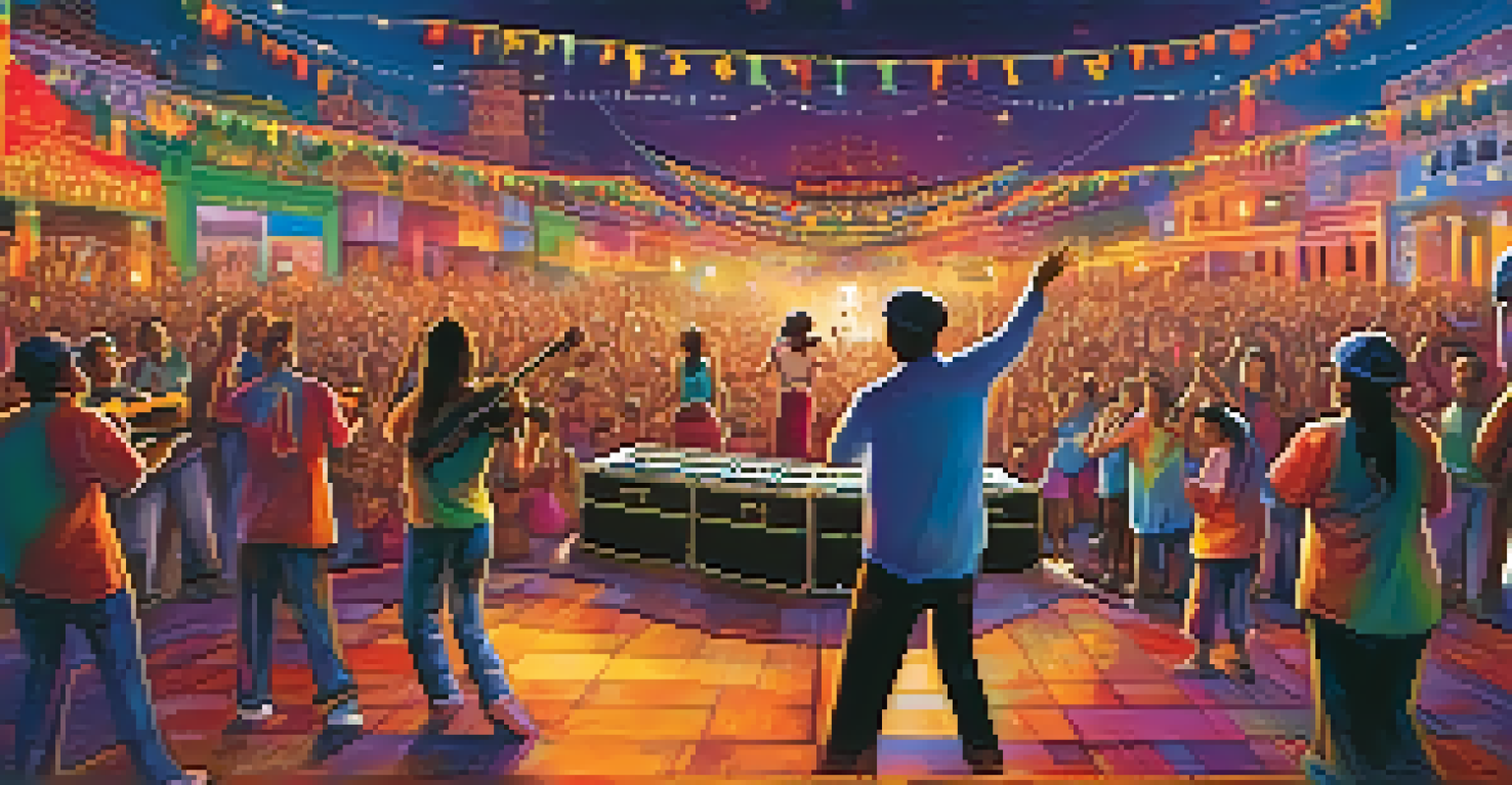 A lively cultural festival with musicians on stage, including a guitarist, surrounded by an engaged audience in a festive atmosphere.