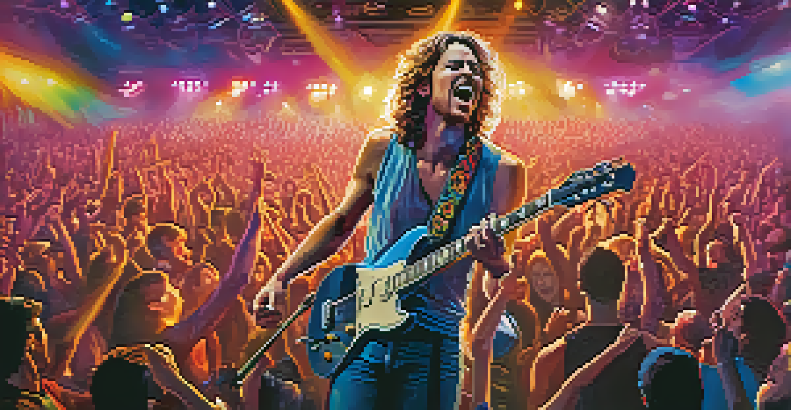 A musician performing on stage with a guitar and microphone, surrounded by colorful lights and an energetic crowd.