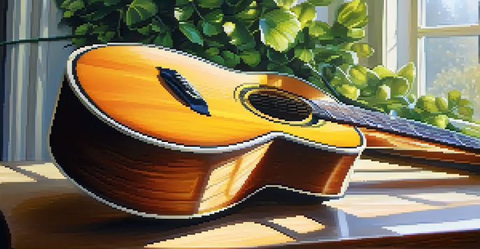 A close-up view of an acoustic guitar on a wooden table, illuminated by sunlight, with blurred greenery in the background.