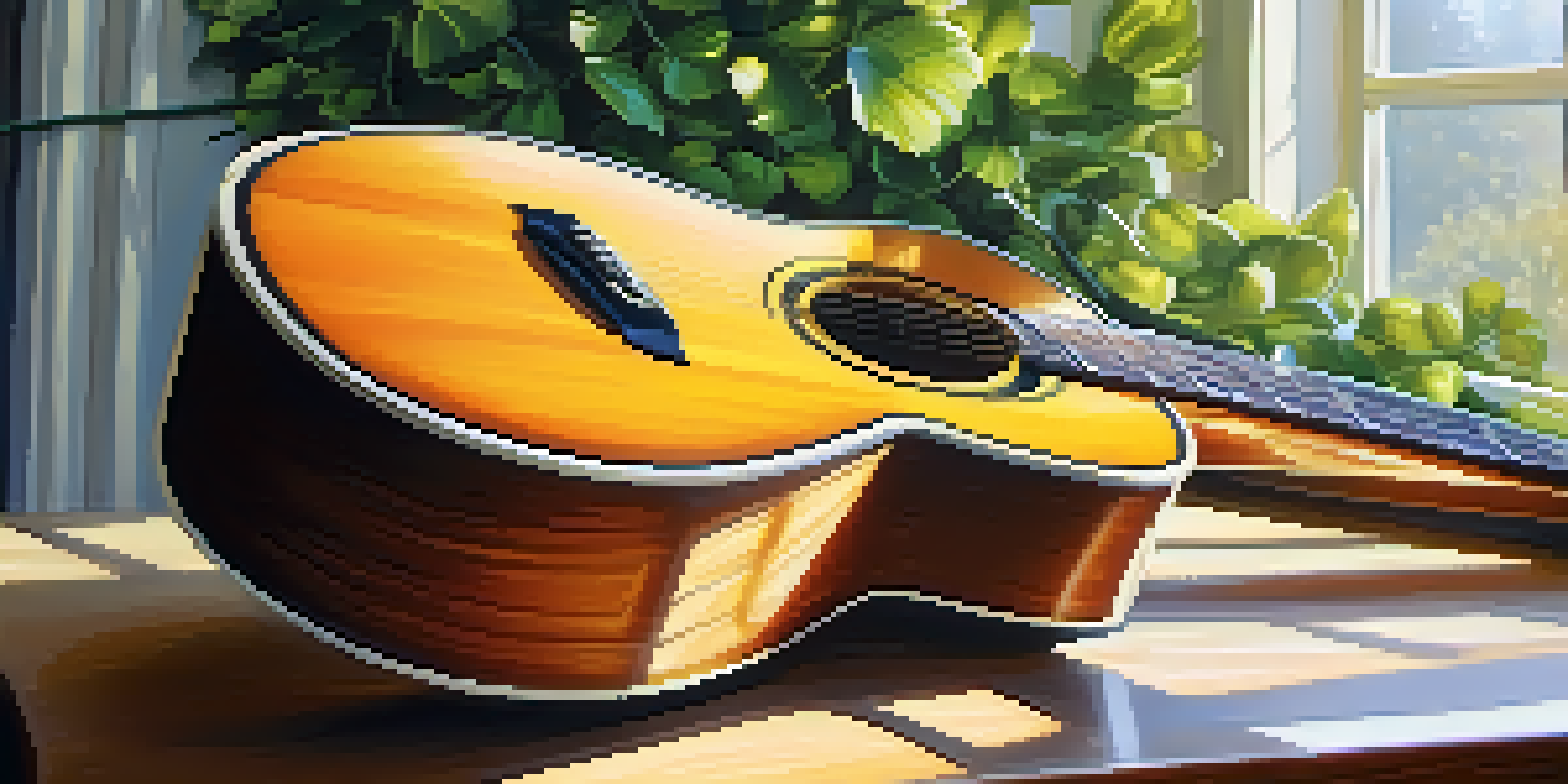 A close-up view of an acoustic guitar on a wooden table, illuminated by sunlight, with blurred greenery in the background.