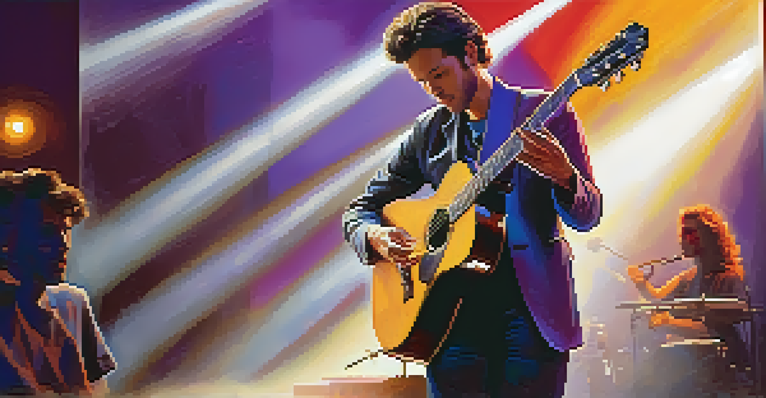 A musician on stage playing an acoustic guitar, with stage lights highlighting their face and sound waves in the background.