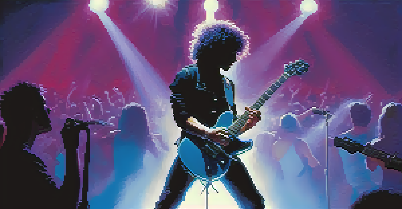 A metal guitarist on stage using a whammy bar with dynamic blue and purple stage lights, while the audience is silhouetted.