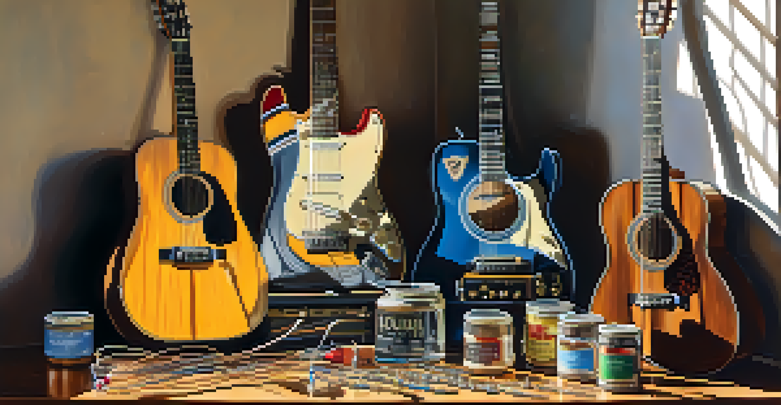 A collection of different guitar strings and a bottle of lubricant on a wooden table, labeled for clarity.