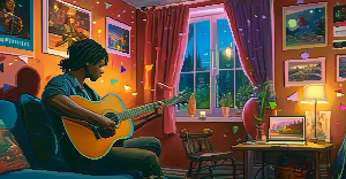 A guitarist playing in a cozy live streaming setup with colorful decor and musical instruments, warmly lit with fairy lights.
