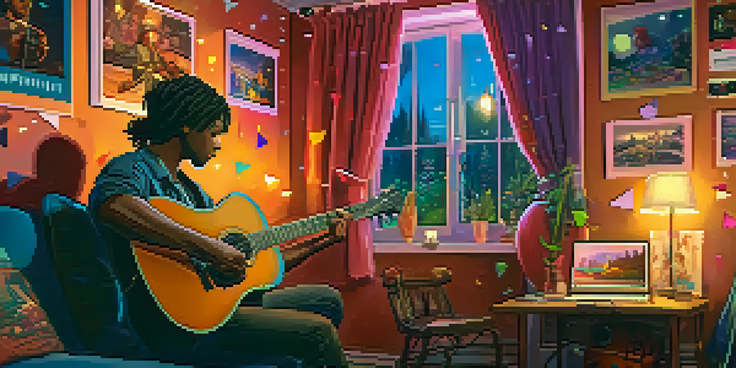 A guitarist playing in a cozy live streaming setup with colorful decor and musical instruments, warmly lit with fairy lights.