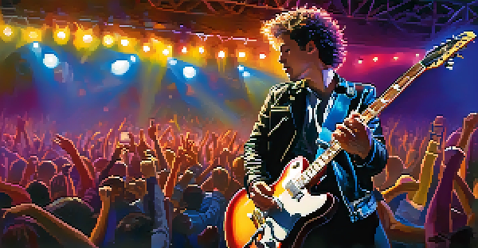 A guitarist performing passionately on stage with colorful lights and an engaged audience.