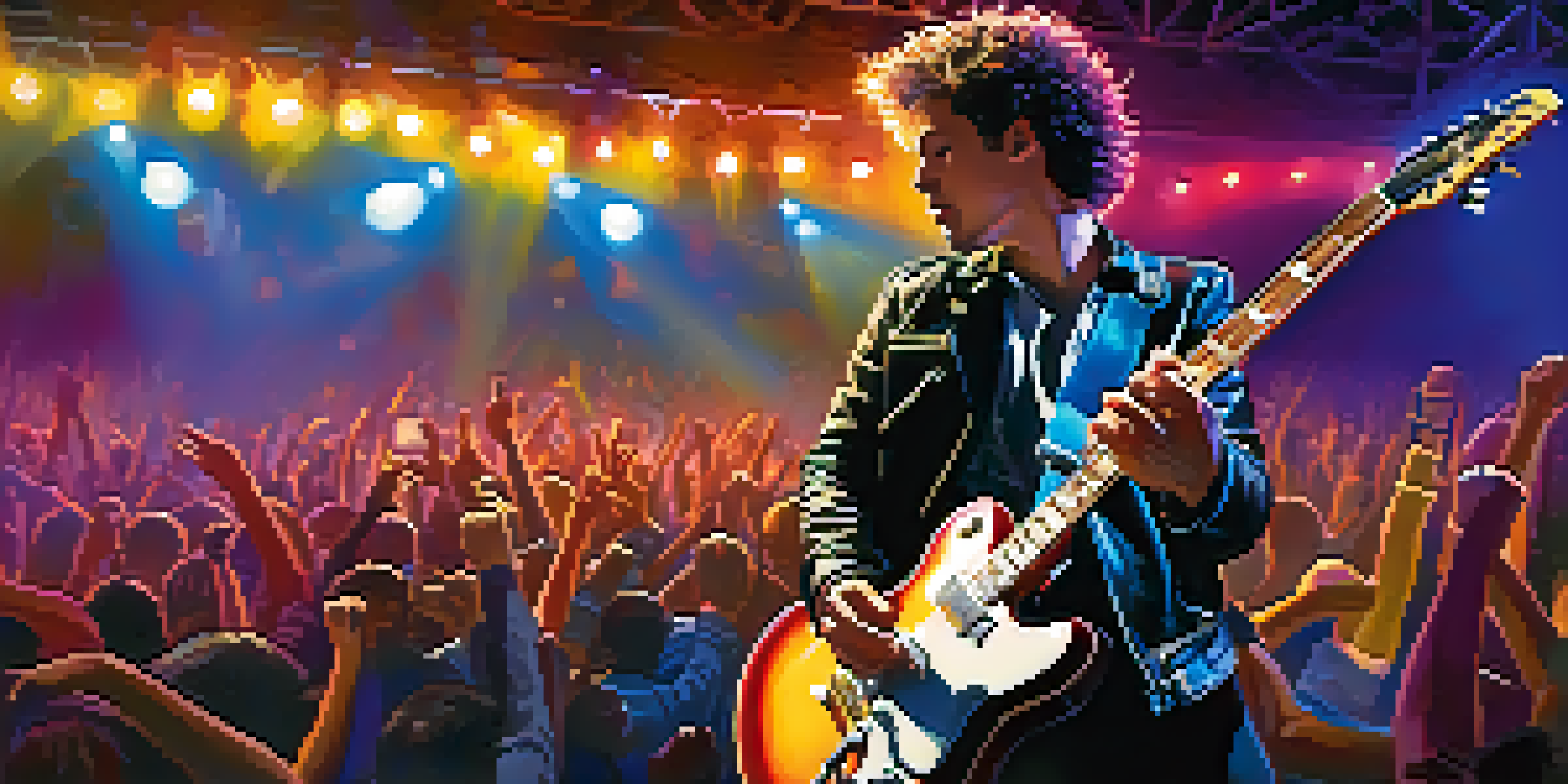 A guitarist performing passionately on stage with colorful lights and an engaged audience.