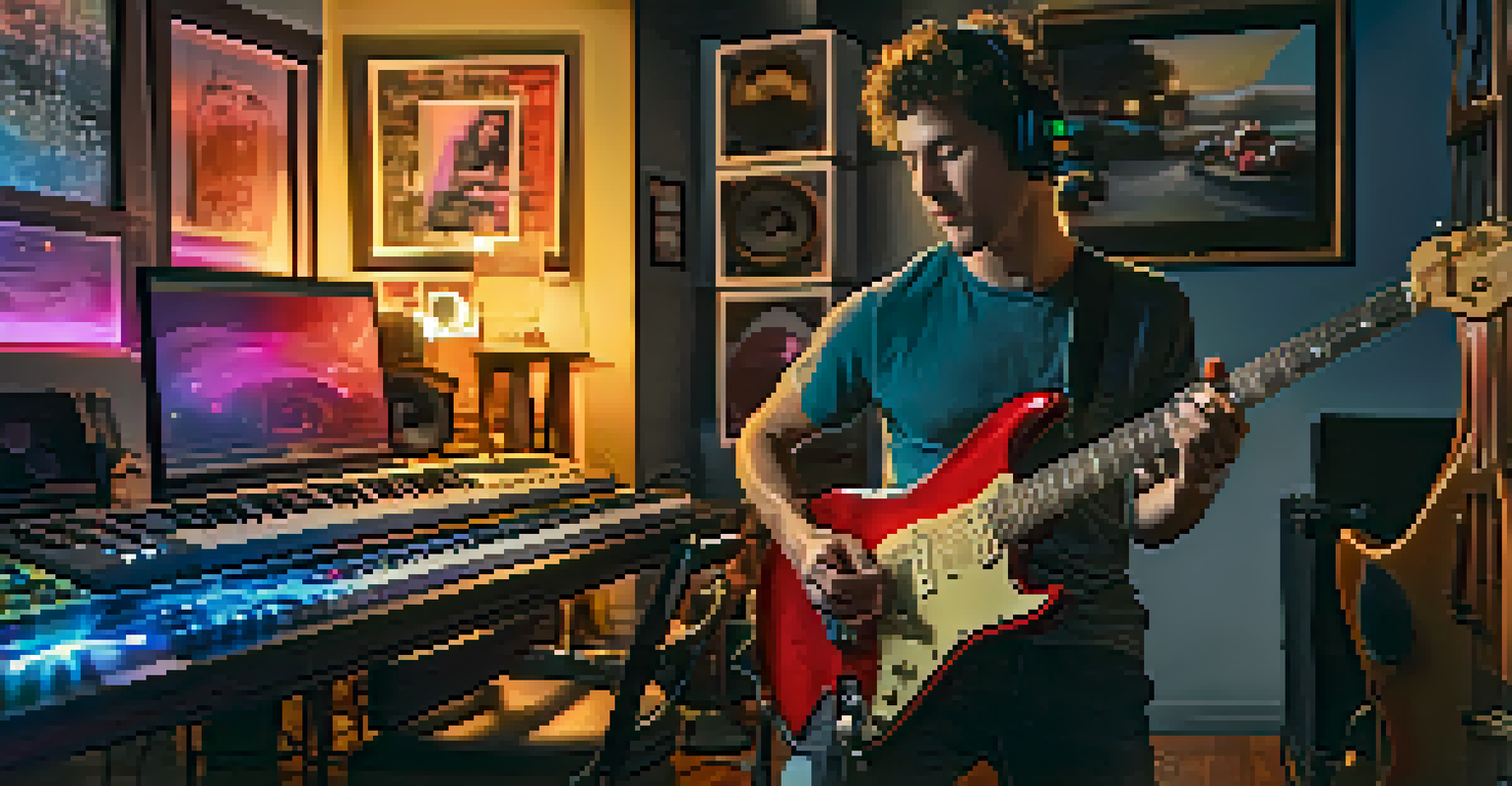 A musician playing an electric guitar in a cozy home studio, with colorful LED lights and a computer screen showing guitar simulation software.