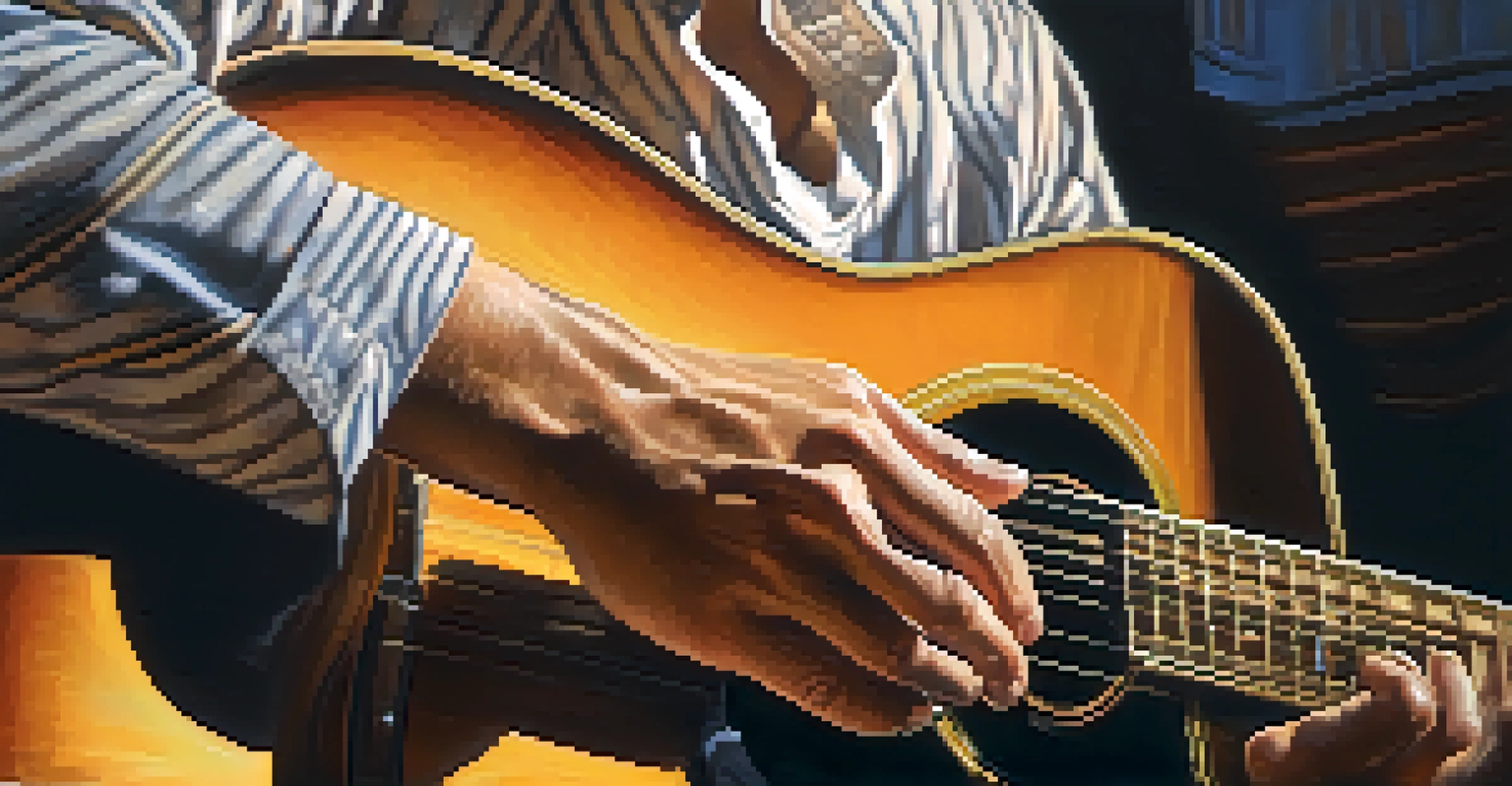 A musician's hands playing an acoustic guitar, with a blurred background highlighting the guitar's details and the musician's expression.