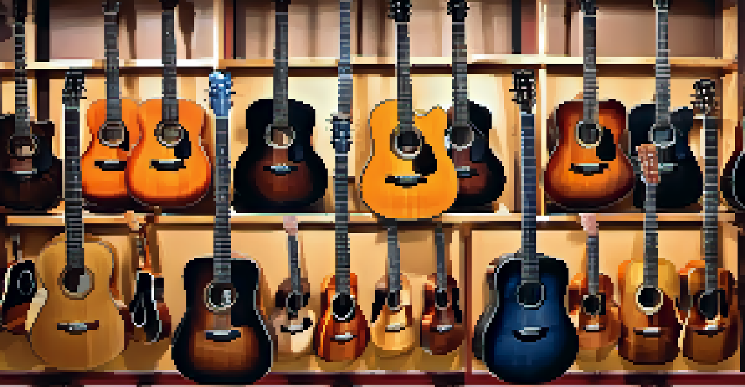 A variety of guitars in a music store, highlighting acoustic and classical guitars with warm lighting.