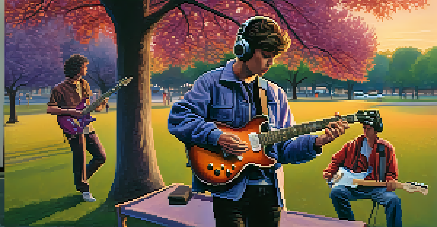 A young guitarist playing an electric guitar in a park at sunset, surrounded by friends and colorful trees, creating a lively and joyful atmosphere.
