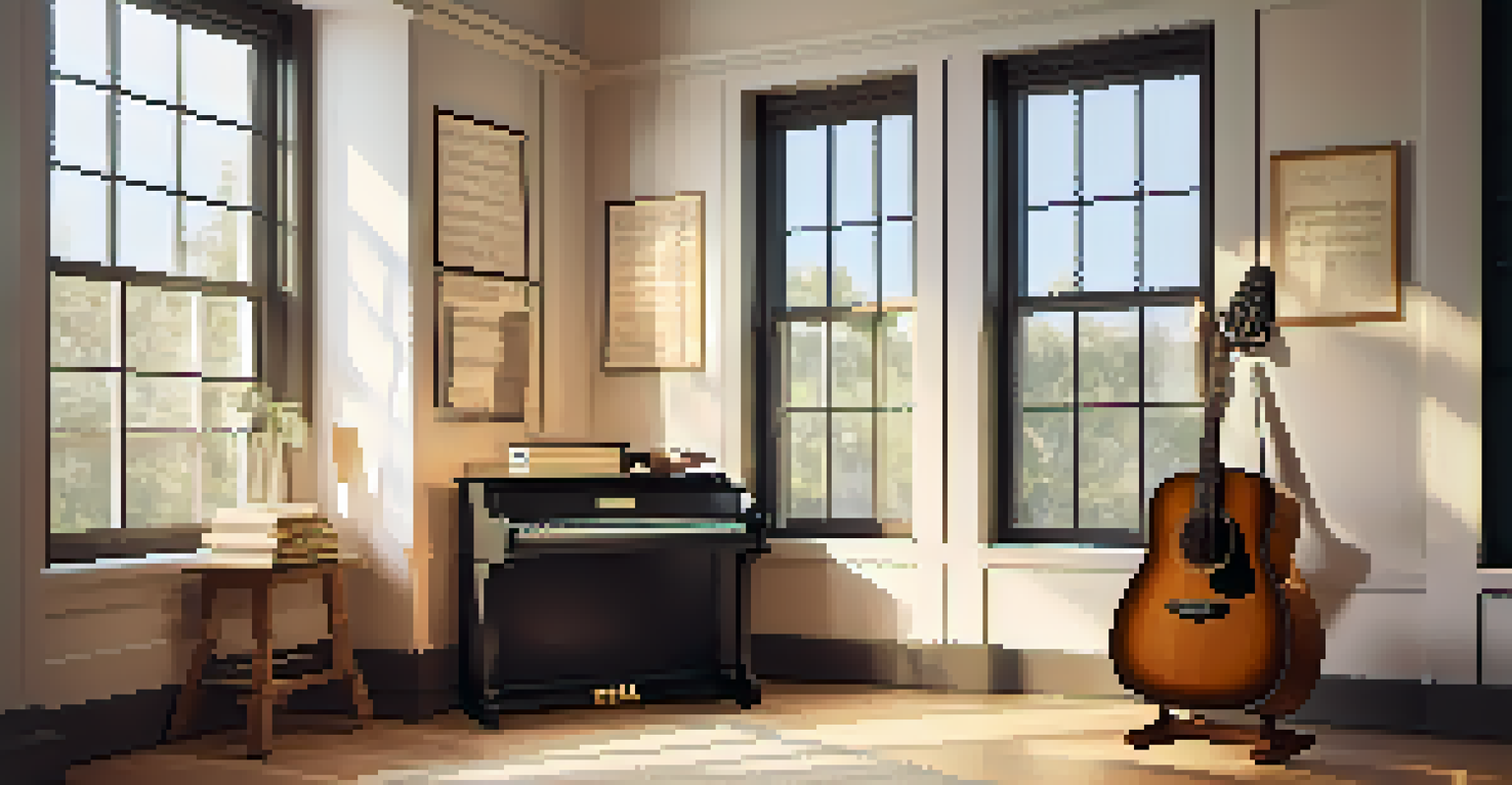 A peaceful practice space with a guitar, sheet music, and warm lighting for musical inspiration.