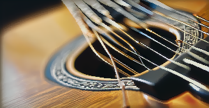 A close-up view of an acoustic guitar's fretboard with sunlight illuminating the strings and a finger positioned on the fretboard. The background features blurred sheet music and a music stand.