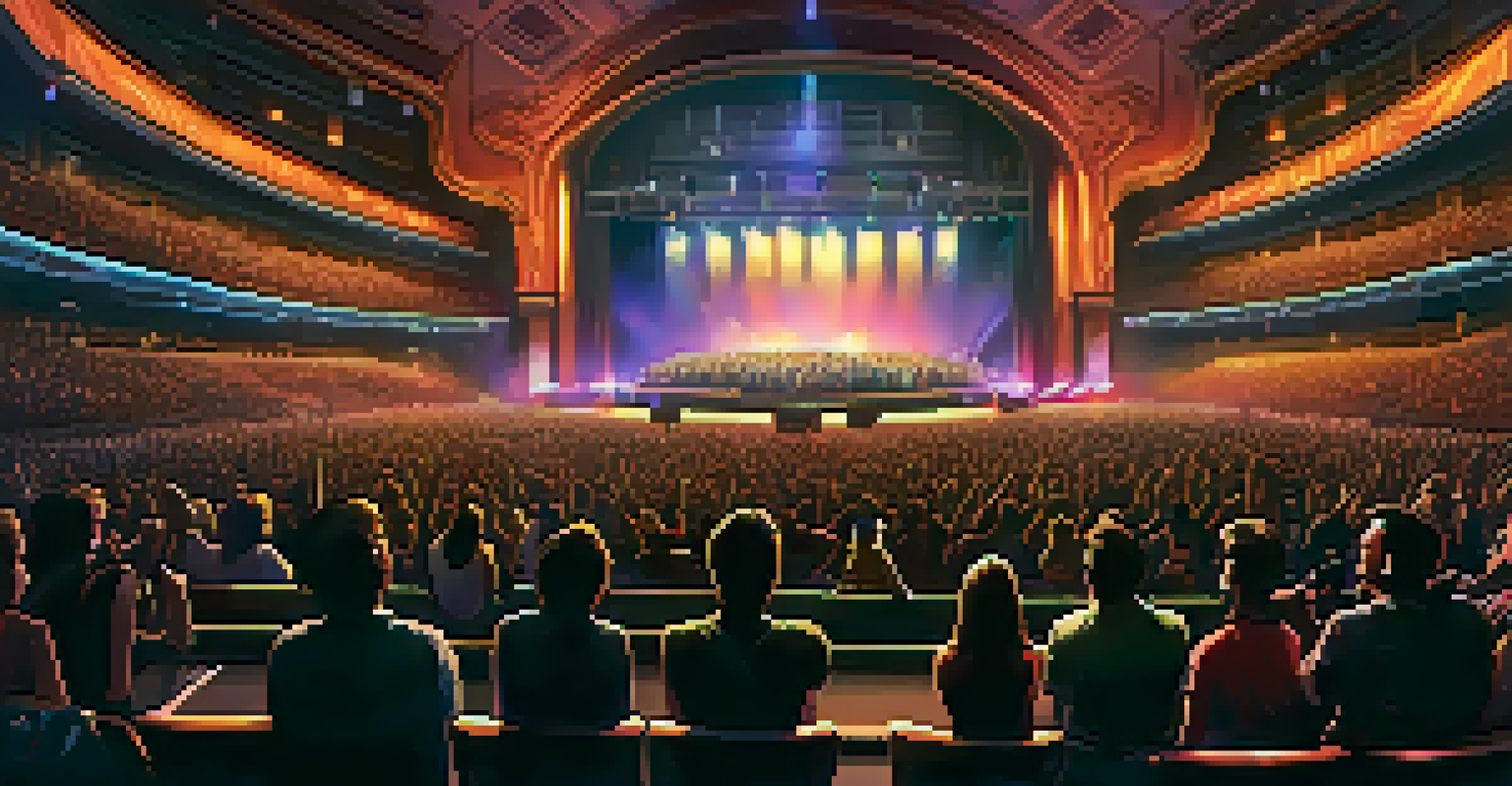 A large concert hall filled with an enthusiastic audience enjoying a vibrant performance.
