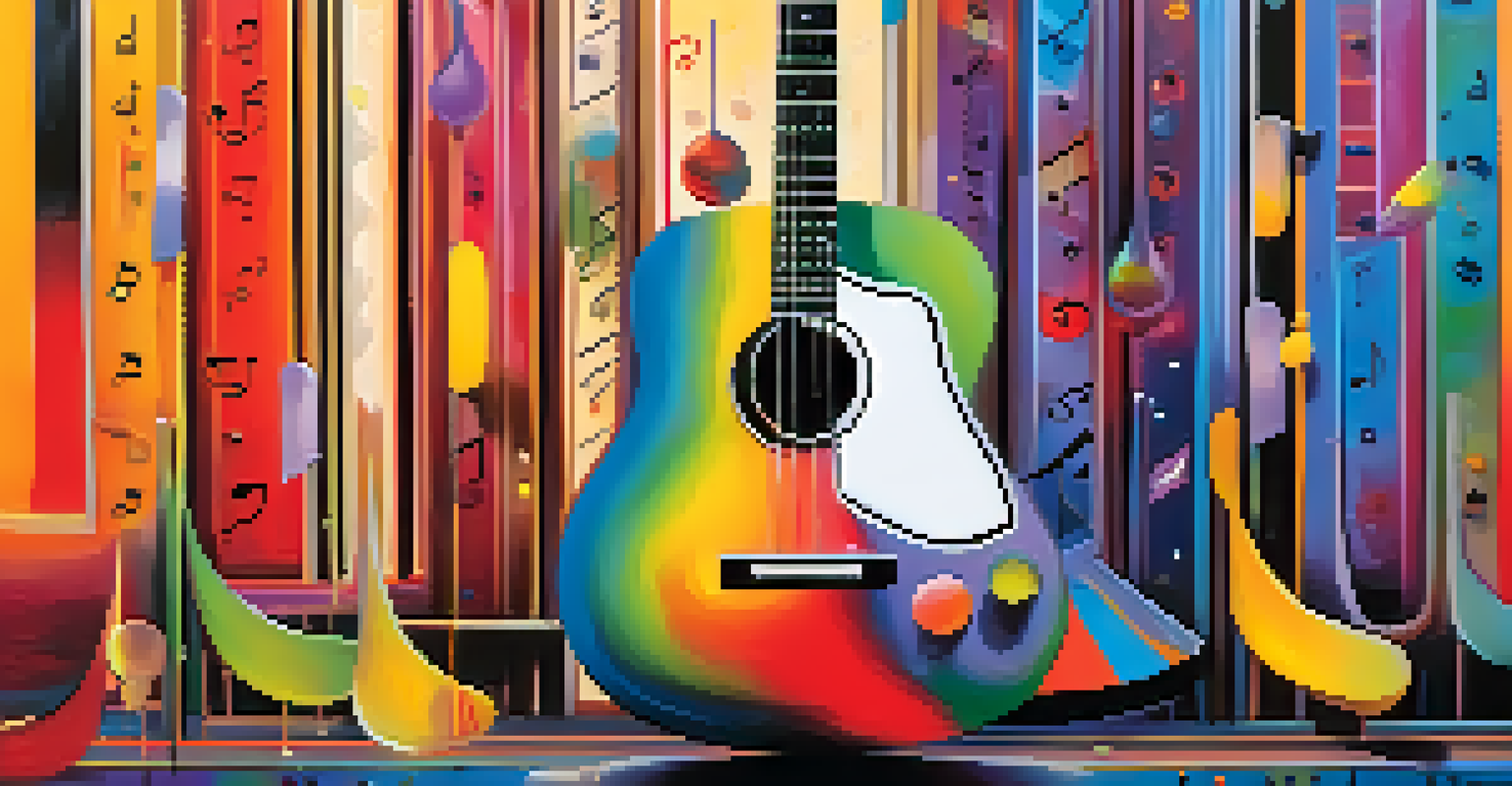 A metronome surrounded by musical notes and a guitar on a colorful abstract background, symbolizing rhythm and creativity.