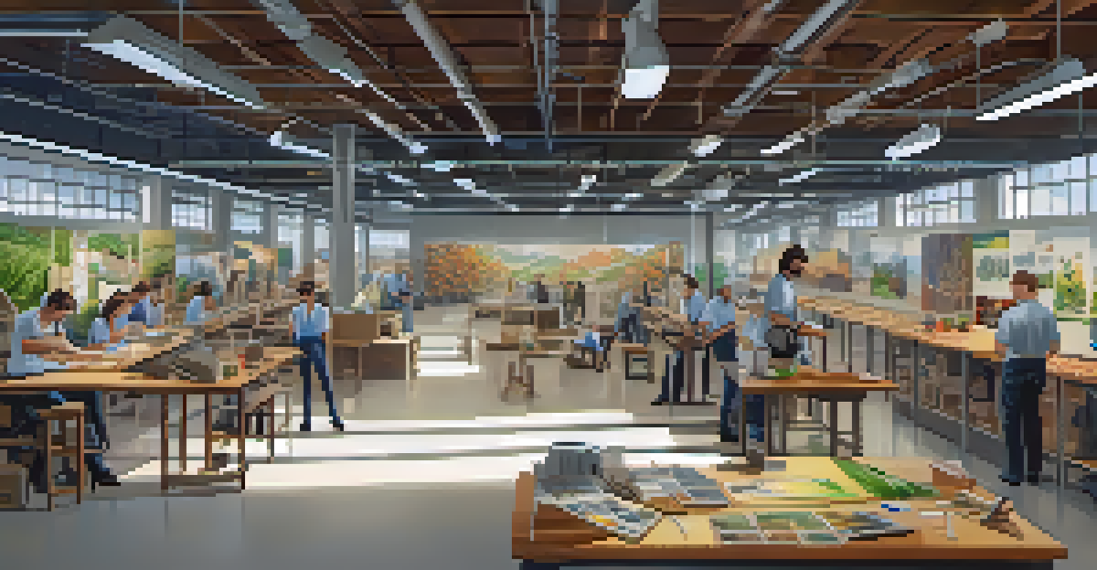 Workers in a modern factory participating in training about sustainable guitar manufacturing practices.