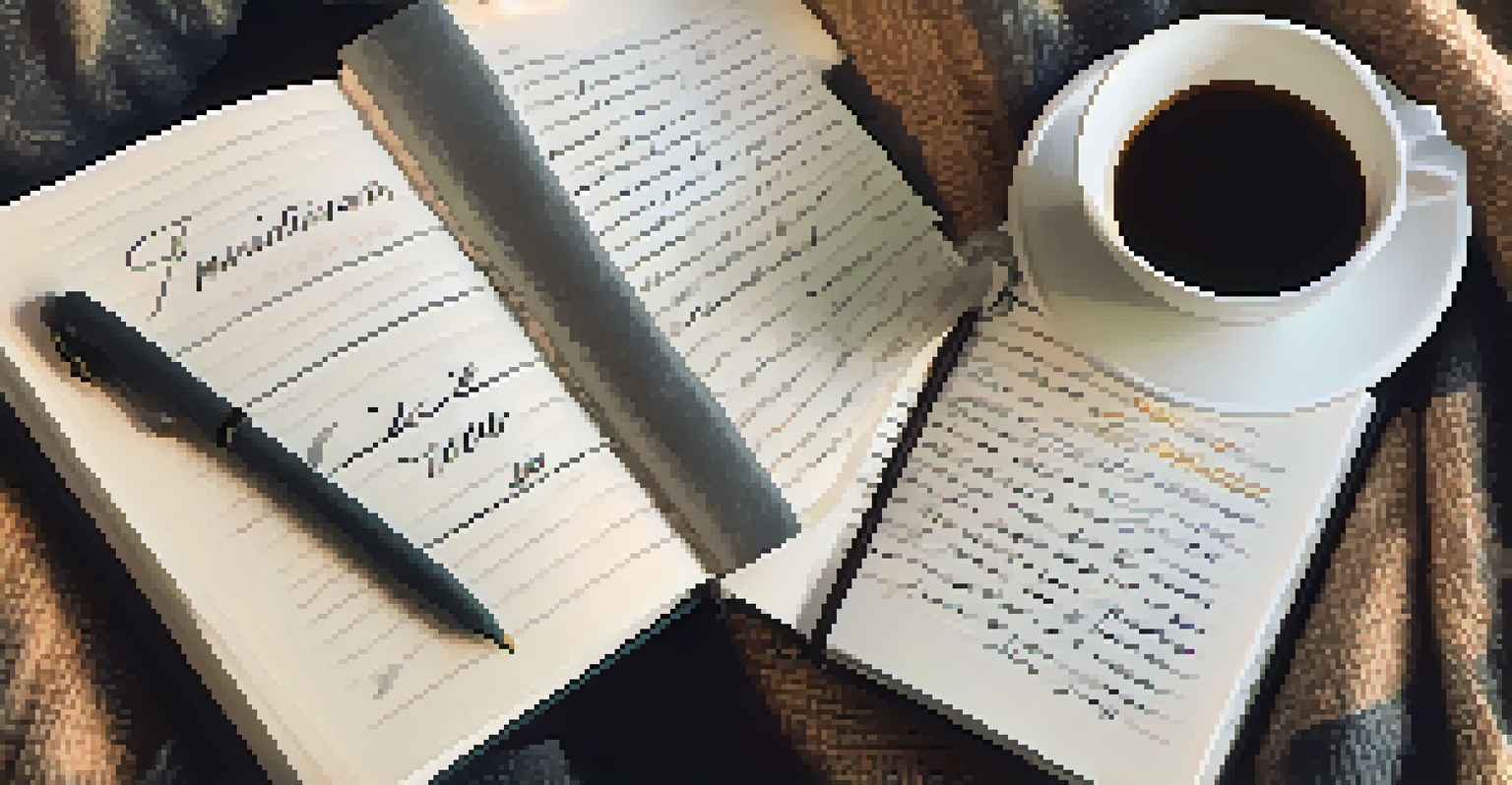 A hand writing affirmations in a journal with a motivational quote, surrounded by a cozy setting.