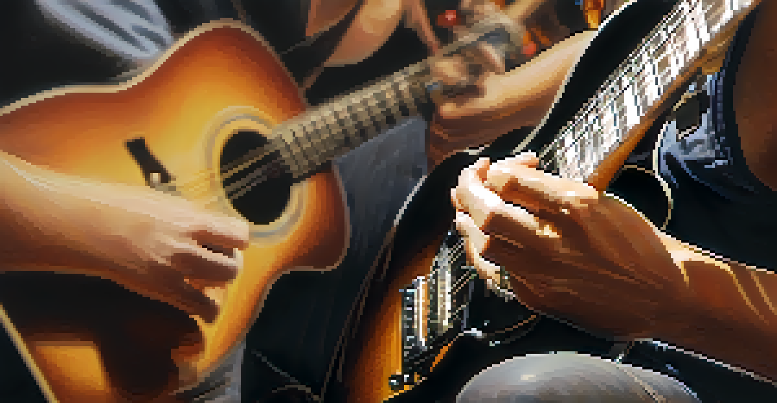 Close-up of hands demonstrating various guitar techniques, with a focus on fingerpicking and strumming during a jam session.