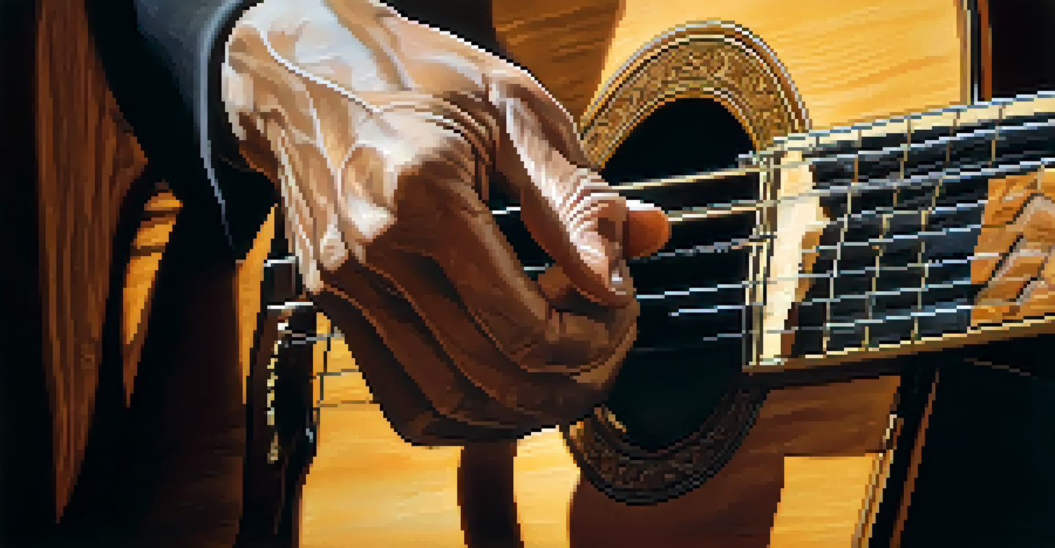 Close-up of a guitarist's hands playing Gypsy Jazz, showcasing the unique finger-picking technique and warm lighting.