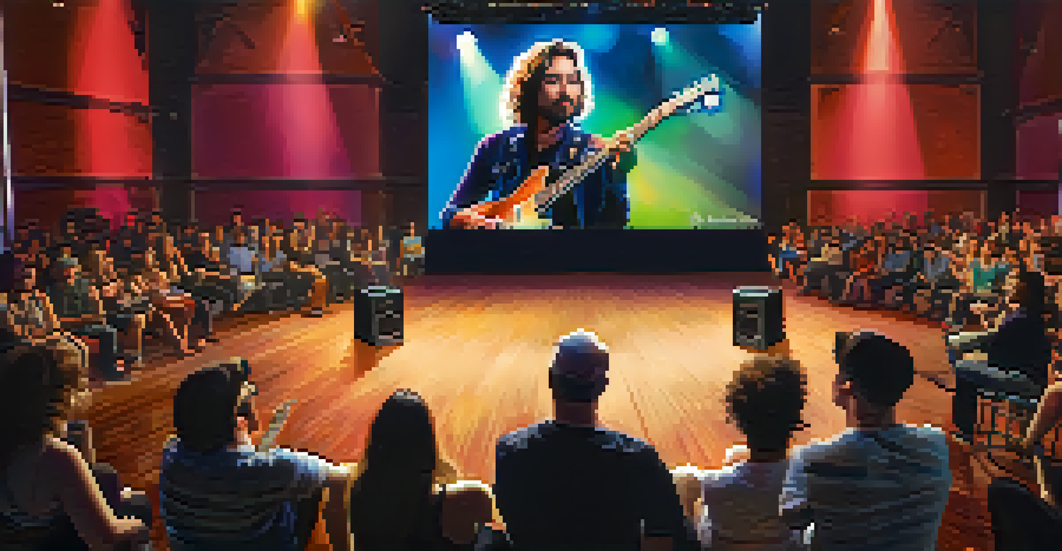 A live Q&A session with a guitarist interacting with an engaged audience on stage.