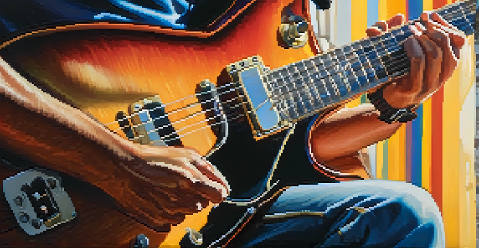A guitarist's hands playing rhythm guitar, focusing on strumming techniques with sunlight illuminating the guitar.