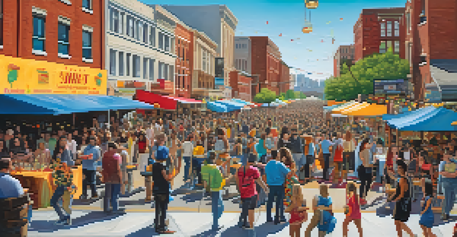 A vibrant urban street festival with food trucks, craft vendors, and live music performances, showcasing a lively community atmosphere.