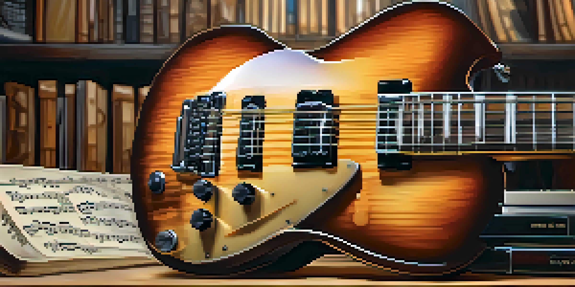 A close-up view of an electric guitar on a wooden table, showcasing its strings and fretboard with warm lighting.