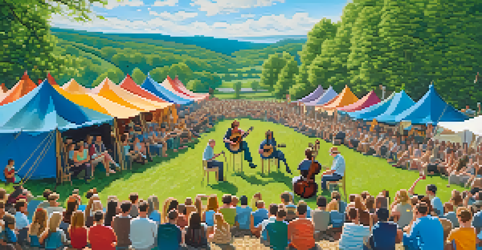 A Celtic guitarist performing at a folk festival with green hills and colorful tents, captivating an audience.
