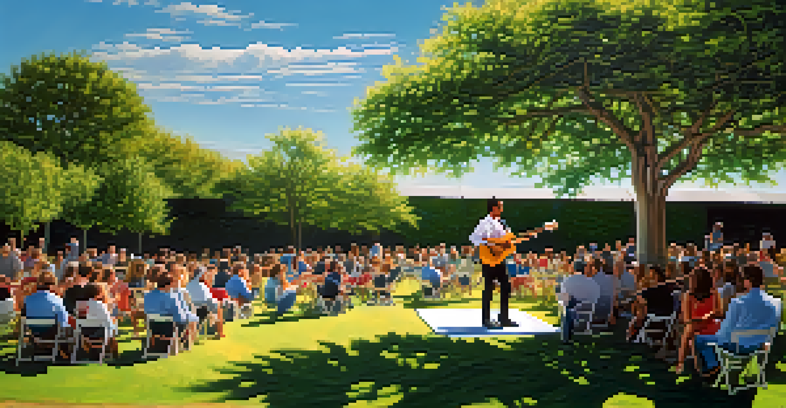 A guitarist playing an electric guitar outdoors surrounded by greenery and a small audience.