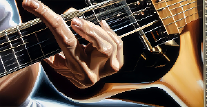 A guitarist's hands playing warm-up exercises on an electric guitar, with a blurred sheet music background.